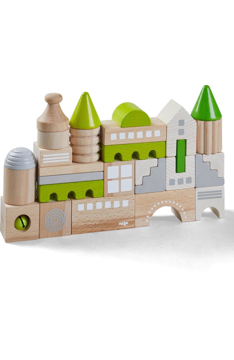 HABA Wooden Block Coburg Set - 28 Piece Building Block Set for Toddlers and Kids - Wooden Stacking Toys Made in Germany, For 18 Months and Up, Main, color, Green Multi