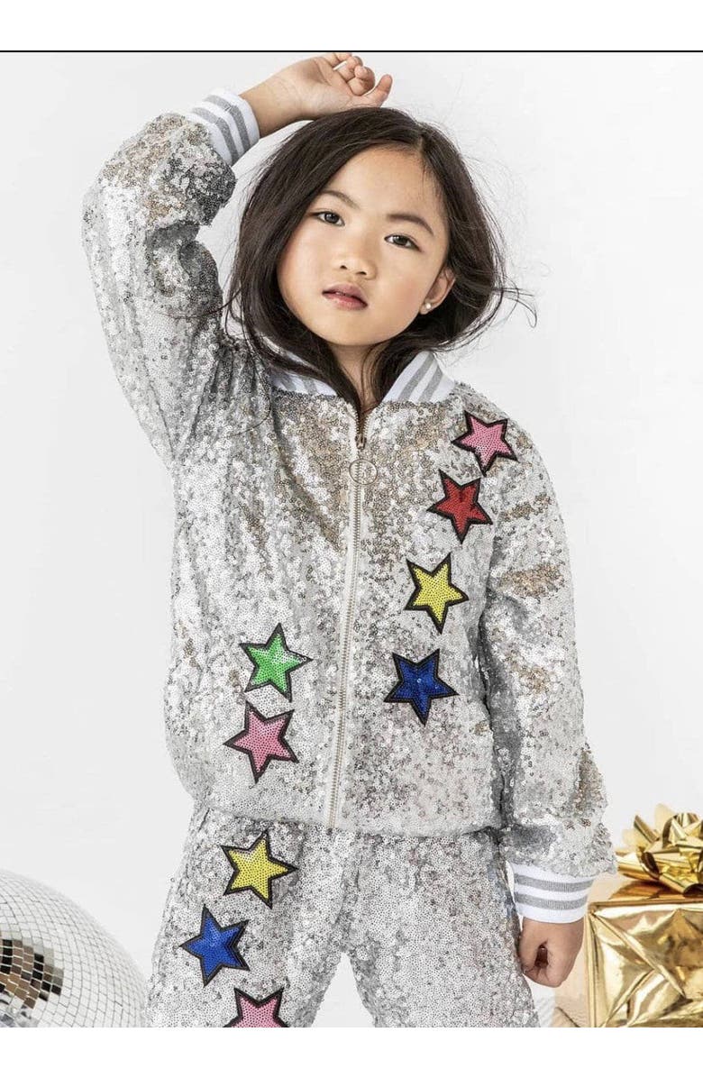 Lola + The Boys Girls Unicorn Sequin Bomber, Alternate, color, Silver