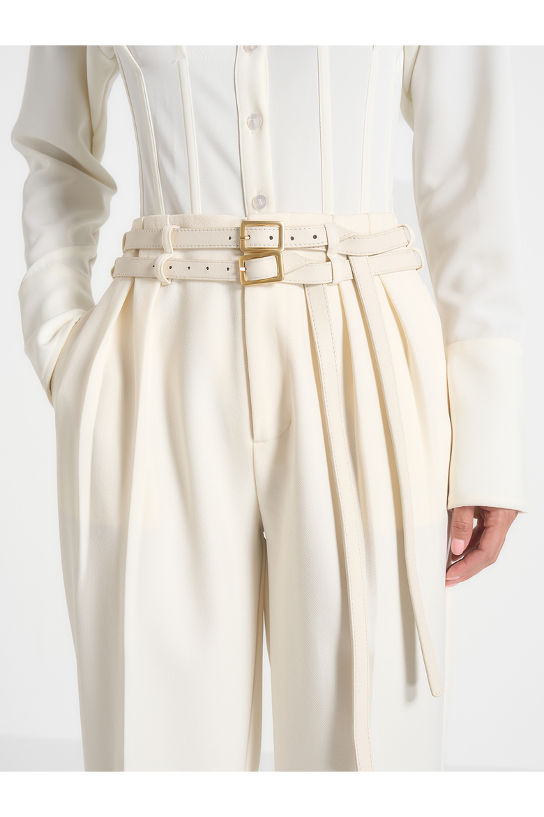 Pascale Wide Leg Trousers With Double Belt, Alternate, color, Off White