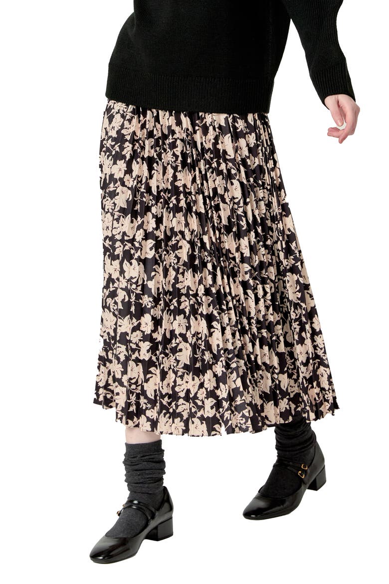 Floral Print Pleated Midi Skirt, Alternate, color, BLACK MULTI