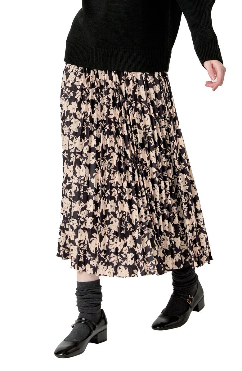 English Factory Floral Print Pleated Midi Skirt, Alternate, color, Black Multi