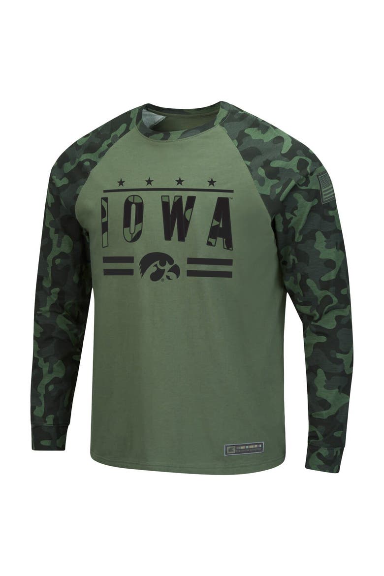 Men's Colosseum Olive/Camo Iowa Hawkeyes OHT Military Appreciation Slim-Fit Raglan Long Sleeve T-Shirt, Alternate, color, Olive