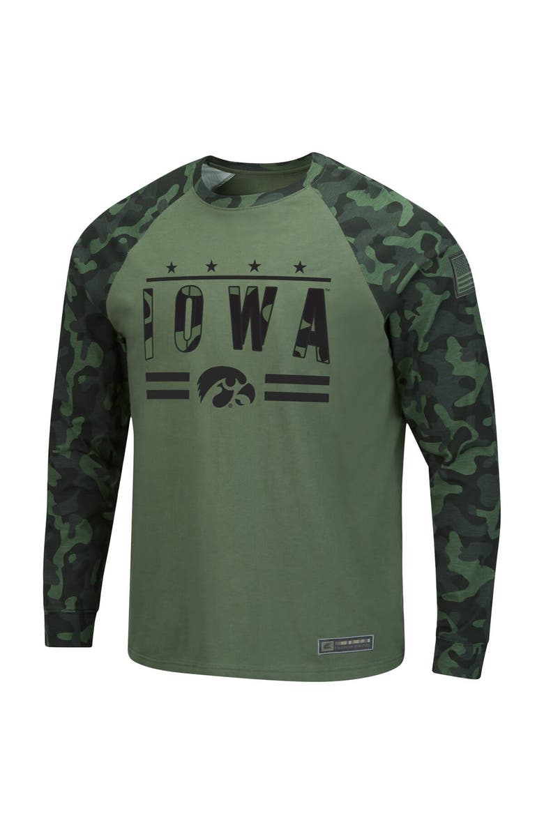 COLOSSEUM Men's Colosseum Olive/Camo Iowa Hawkeyes OHT Military Appreciation Slim-Fit Raglan Long Sleeve T-Shirt, Alternate, color, 