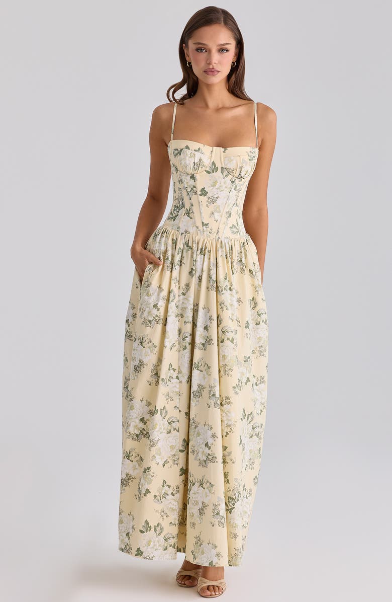 HOUSE OF CB Rona Lemon Floral Stretch Cotton Maxi Sundress, Alternate, color, Lemon Floral