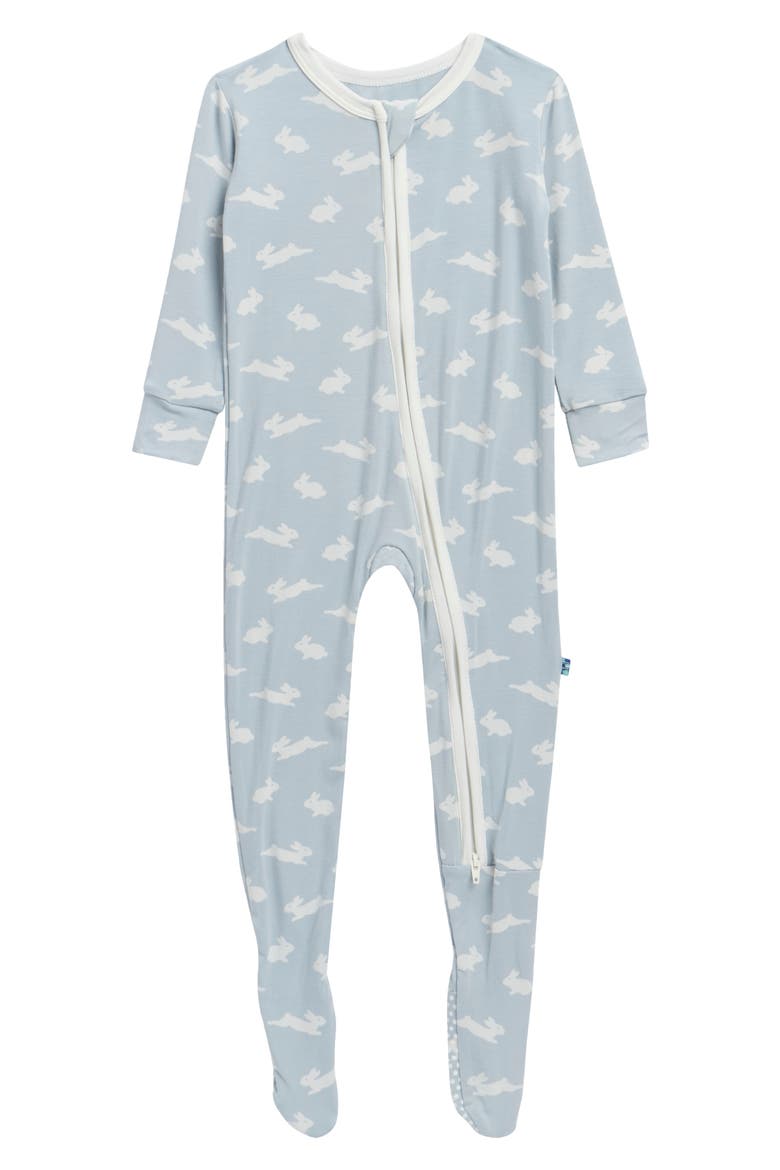 Bunny Print Two-Way Zip Fitted Footie, Main, color, PEARL BLUE BUNNY