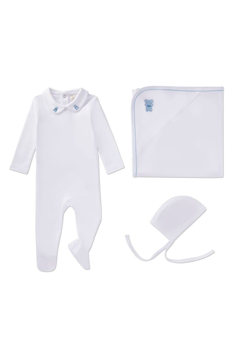 MiniMoi 3 Piece Baby Girls Cotton Footie Set with Peter Pan Collar and Embroidered Hearts, Main, color, Winter White