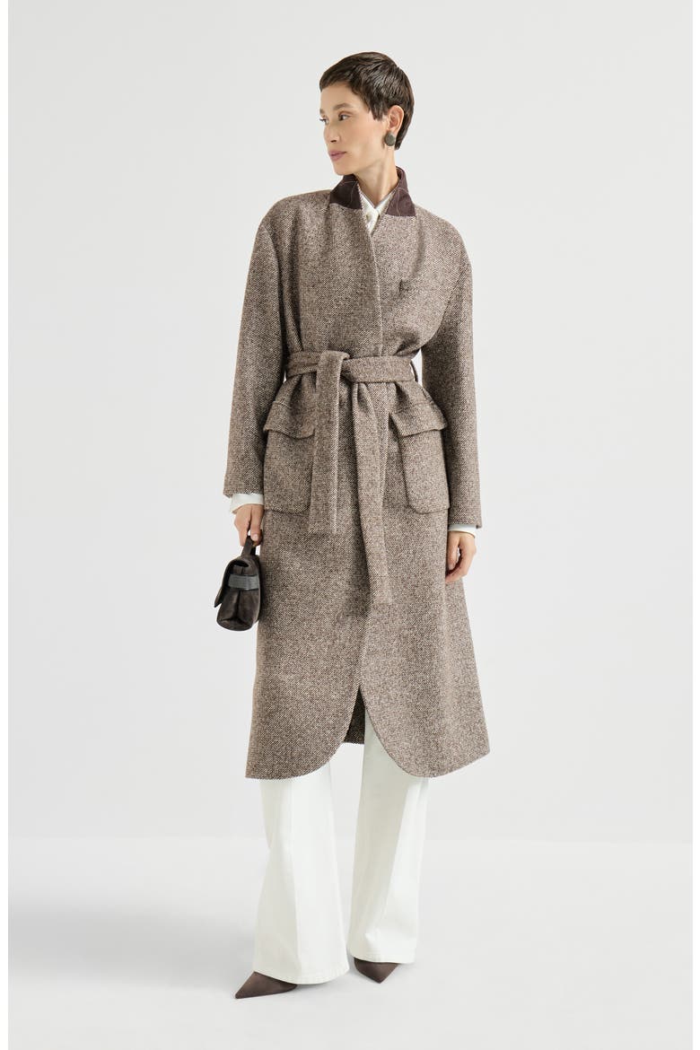 Virgin wool and silk mélange diagonal belted coat with monili, Alternate, color, Brown