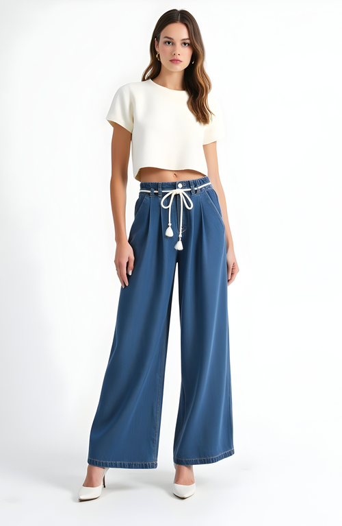 Modenaire Wide Leg Denim Pants With Tassel Drawstring Waist And Pleat Detail In Blue