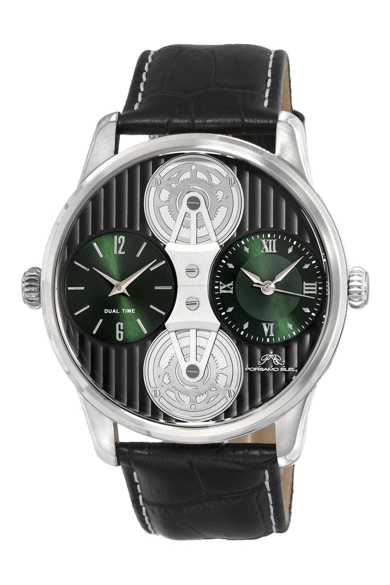 Men's Benedict Leather Strap Watch, 46mm, Main, color, SILVER/ BLACK/ GREEN