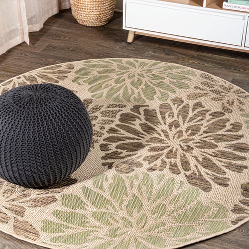 Jonathan Y Zinnia Modern Floral Textured Weave Indoor/outdoor Round Area Rug In Sage/brown