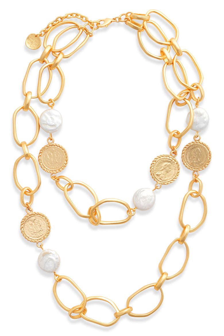 Pearl & Coin Layered Necklace, Main, color, GOLD