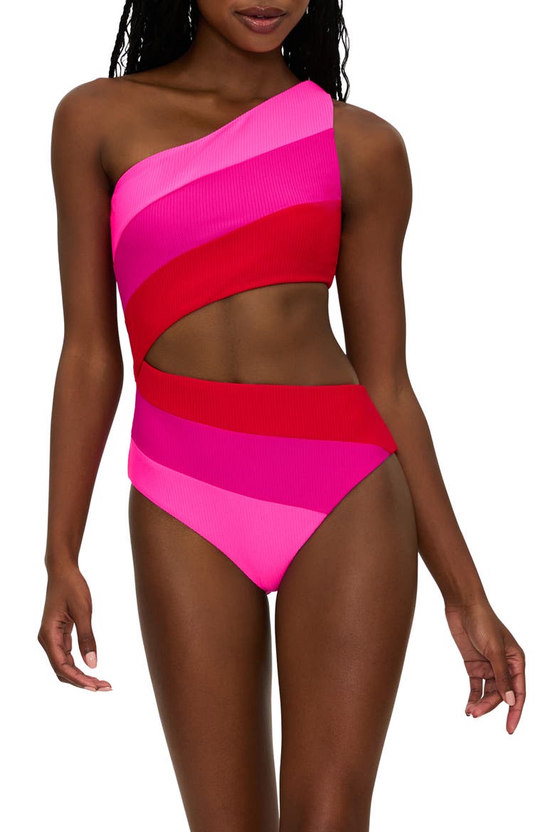 Joyce Cutout One-Shoulder One-Piece Swimsuit, Main, color, PINK/ RED