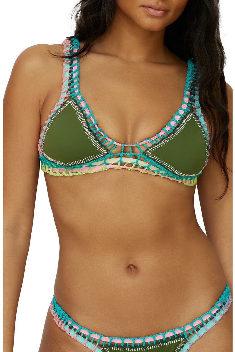 Colorful Whipstitch Trim Triangle Bikini Top, Main, color, OLIVE