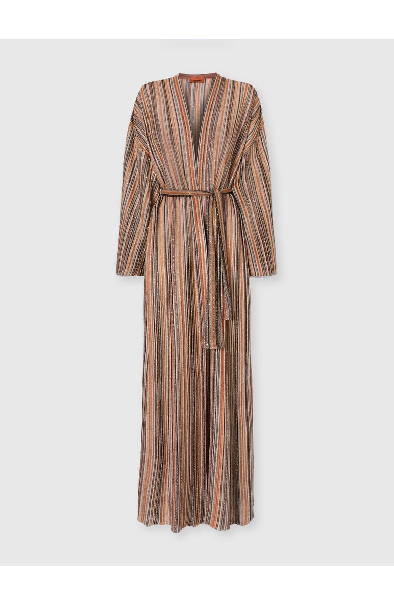 Missoni Ribbed Viscose Lamé Long Cardigan With Belt, Main, color, Green& Brown