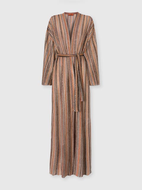 Ribbed Viscose Lamé Long Cardigan With Belt