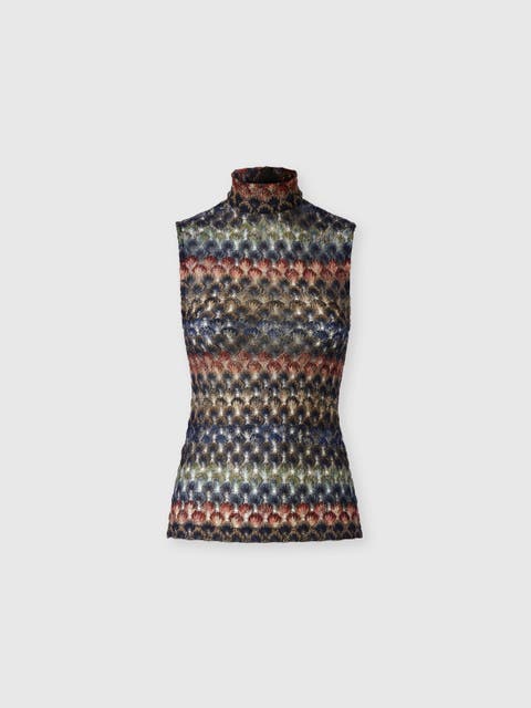 Sleeveless Viscose Lamé Top With Lace Motif