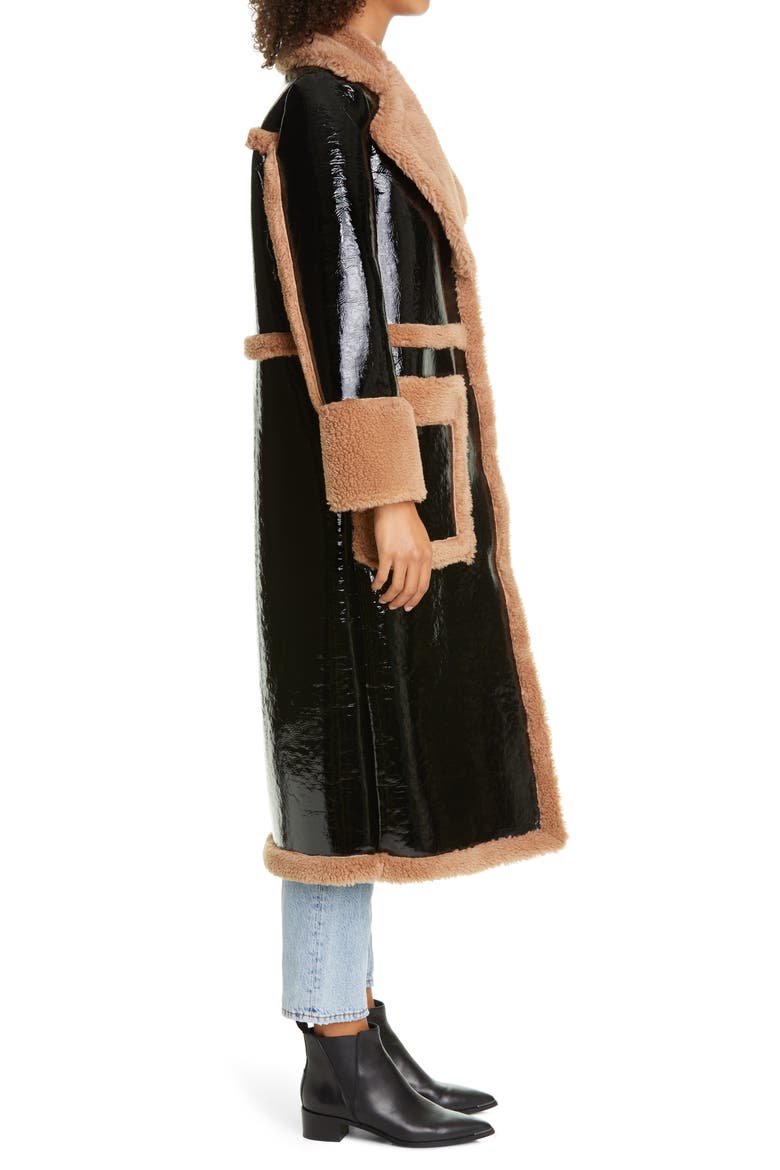 Aubrey Long Faux Patent Shearling Coat, Alternate, color, BLACK/ BEIGE