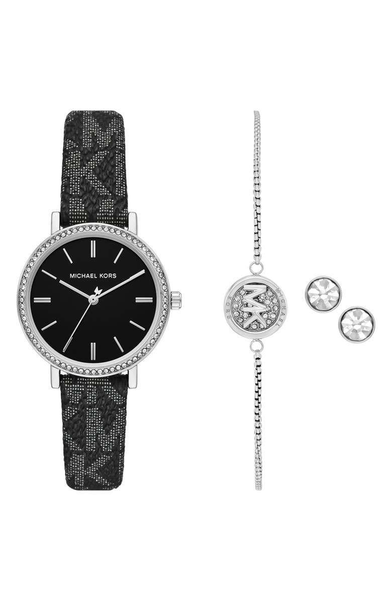Michael Kors Addyson Leather Strap Watch, Bracelet & Stud Earrings Set, 32mm, Main, color,