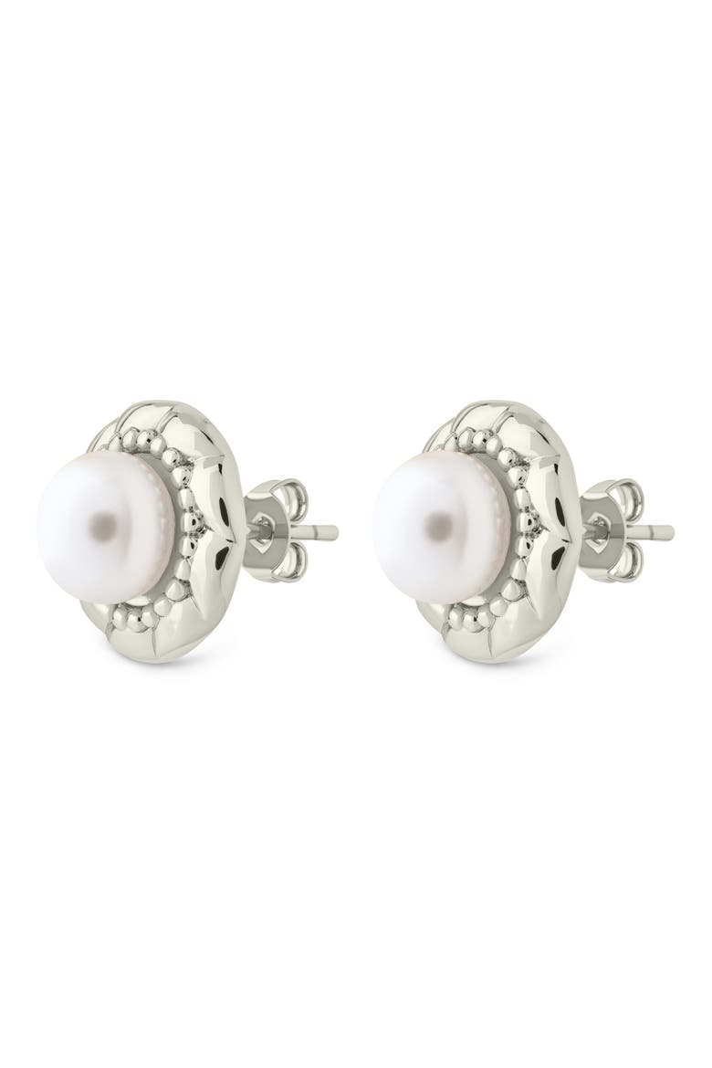 Eudora Pearl Button Stud Earrings, Alternate, color, SILVER