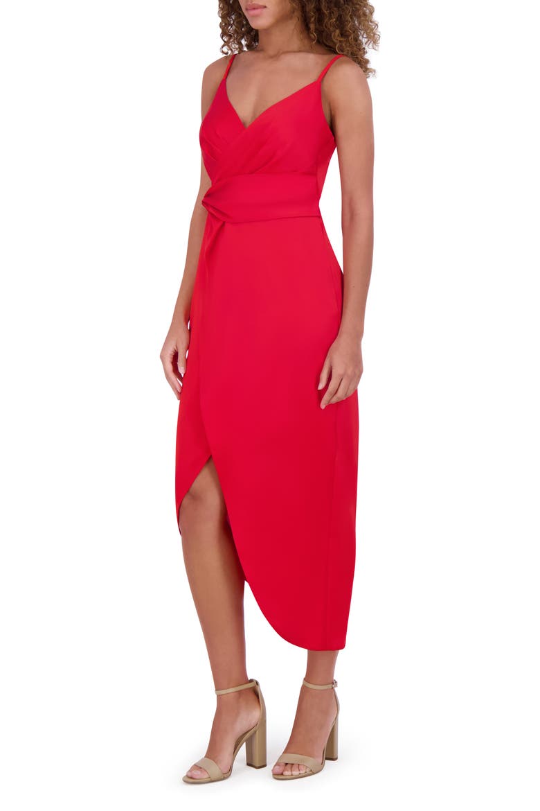 Matte Satin Faux Wrap Midi Dress, Alternate, color, RED