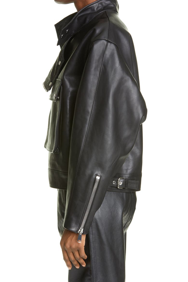 Unisex Logo Embossed Leather Biker Jacket, Alternate, color, BLACK