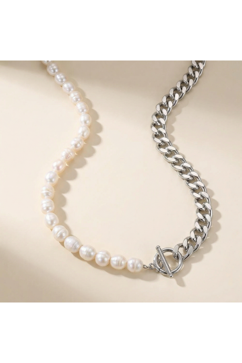 Fresh Water Pearl Half Curb Link Necklace 18" Toggle Clasp, Alternate, color, Silver