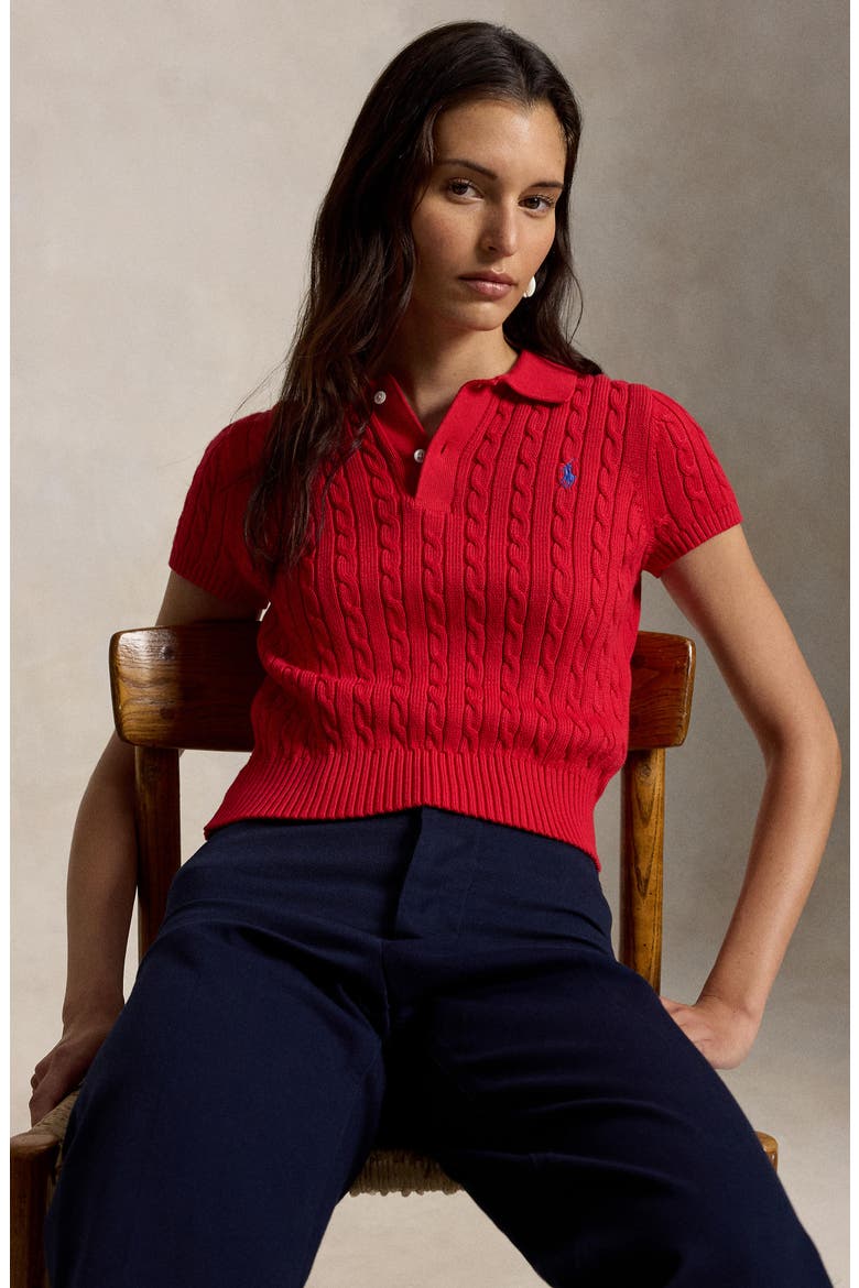Crop Cable Knit Cotton Polo Sweater, Alternate, color, CRUISE RED