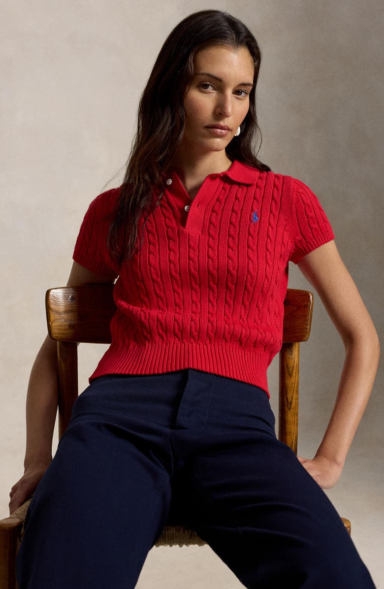 Polo Ralph Lauren Crop Cable Knit Cotton Polo Sweater, Alternate, color, Cruise Red