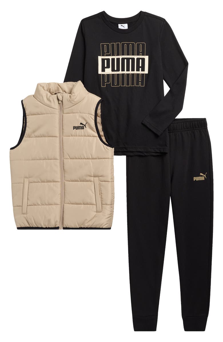 PUMA Kids' Woven Puffer Vest, Logo Jersey T-Shirt & Joggers Set, Main, color, Multi Black