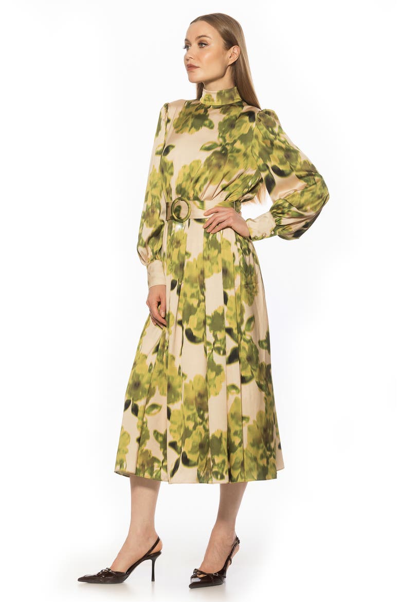 Safiya Long Sleeve Belted Fit & Flare Dress, Alternate, color, GREEN FLORAL