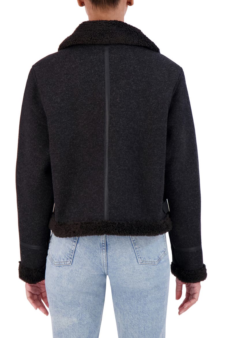 Faux Shearling Trim Faux Wool Moto Jacket, Alternate, color, BLACK
