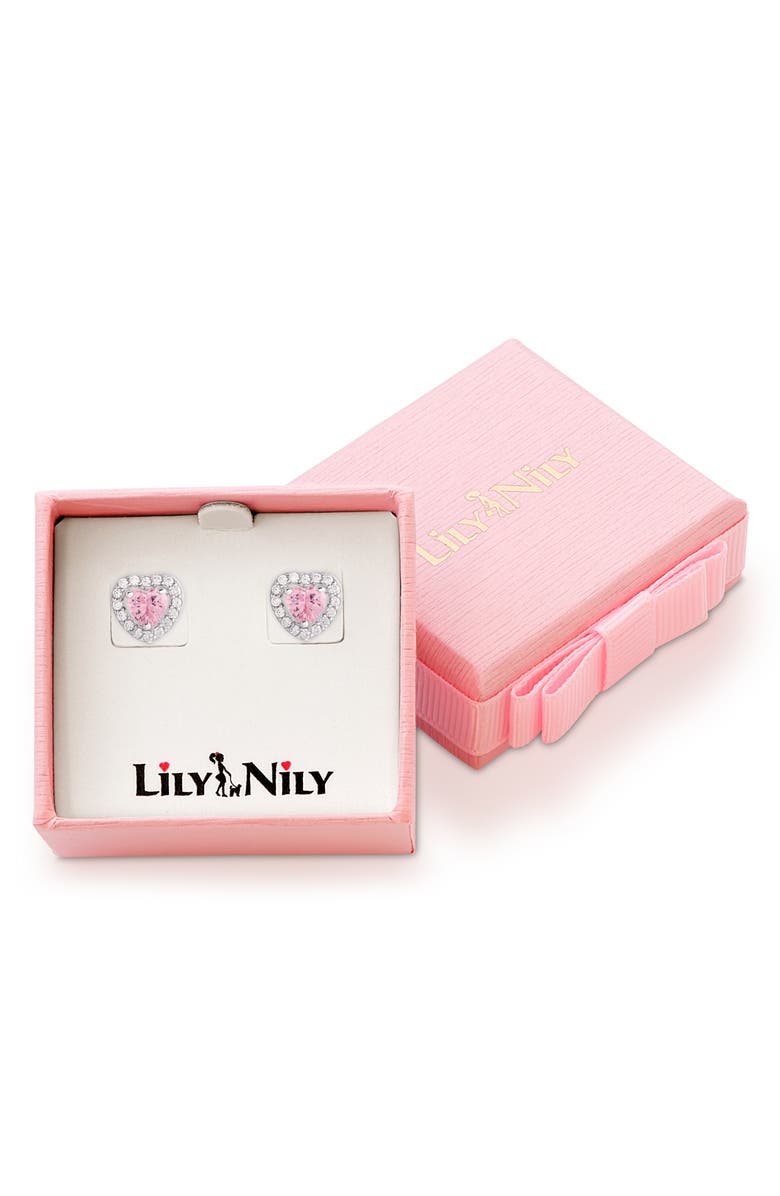 Lily Nily Kids' Cubic Zirconia Heart Halo Stud Earrings, Alternate, color, Pink
