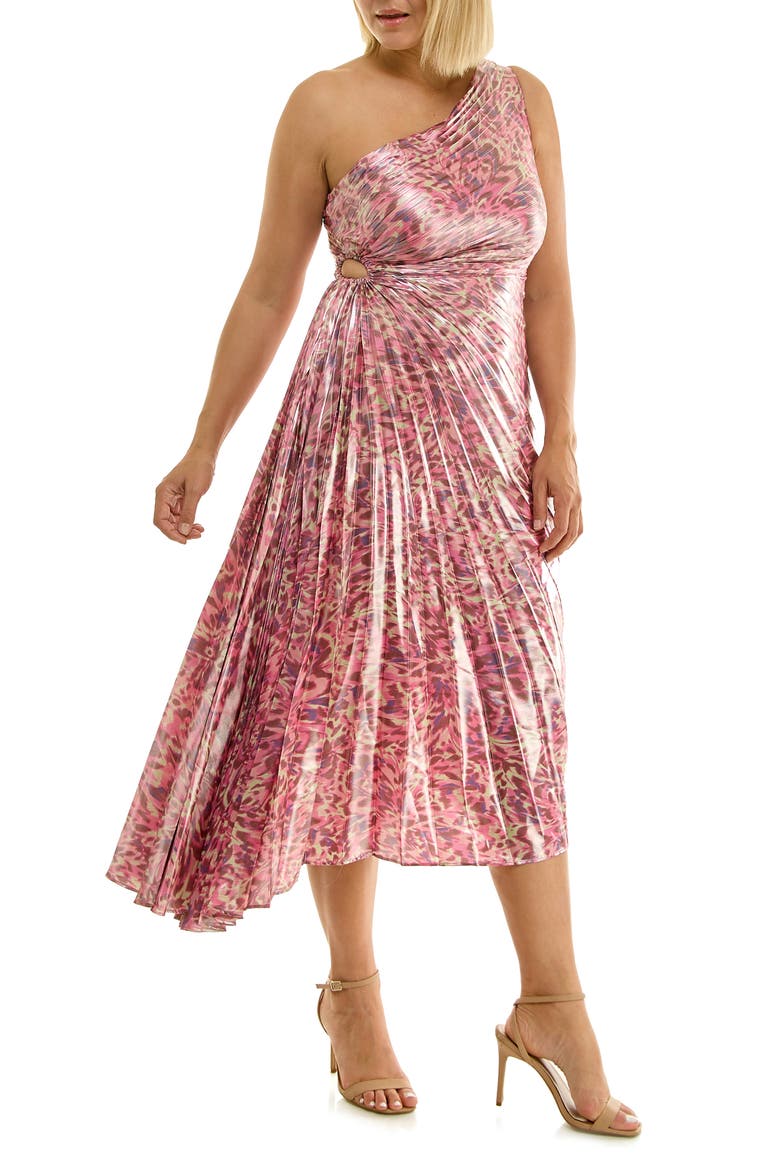 Pleated One-Shoulder Metallic Dress, Alternate, color, ABSTRACT BUTTERFLY FUCHSIA
