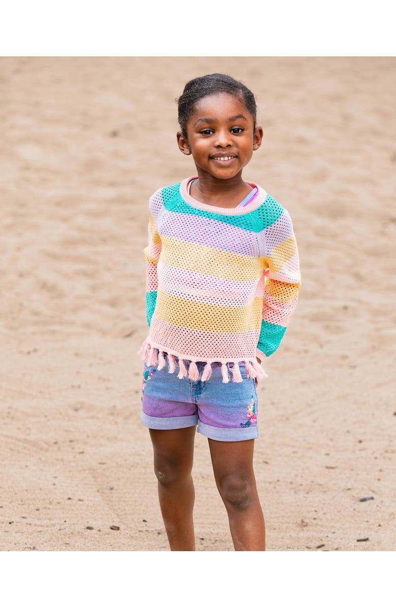 Deux par Deux Little Girl's Cotton Sweater With Fringe Multicolor Stripes, Alternate, color, 