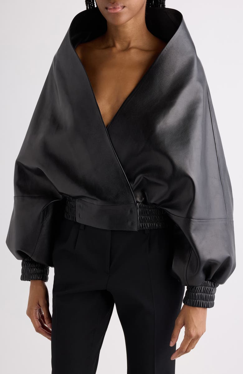 Balenciaga Folded Leather Wrap Jacket, Alternate, color, 1000 Black