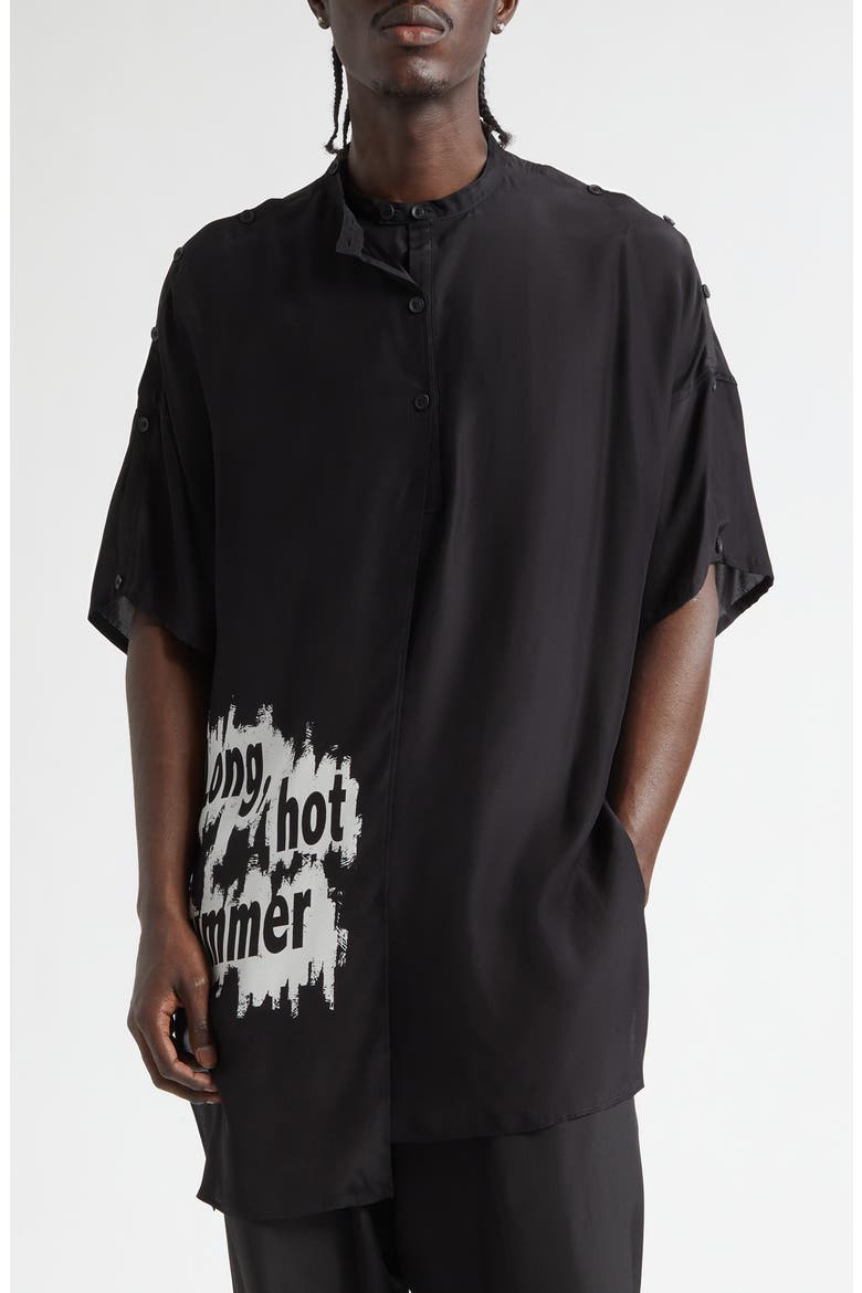 Double Covered Short Sleeve Silk Graphic Button-Up Shirt, Main, color, BLACK