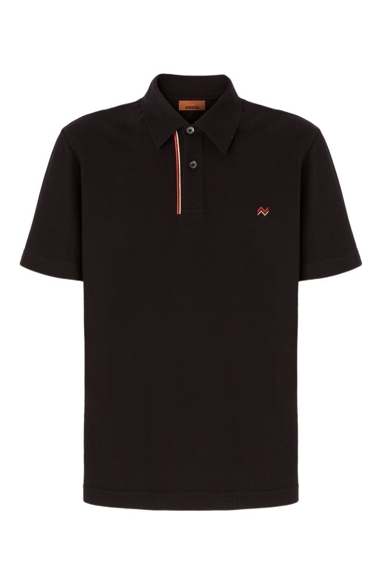 Missoni Solid Color Cotton Piqué Polo Shirt With Zigzag Embroidery And Contrasting Detail, Alternate, color, Black