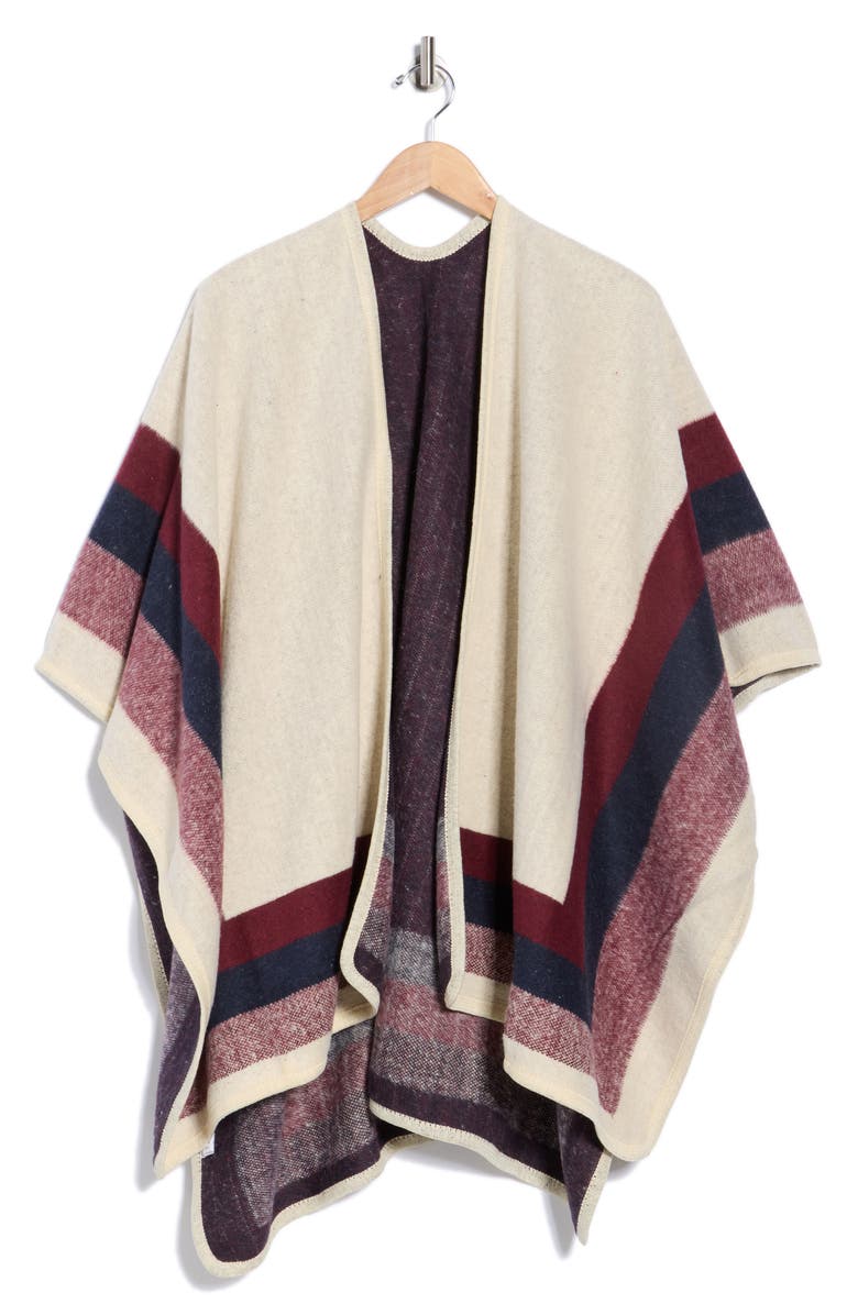 Tasha Border Stripe Ruana, Alternate, color, Oatmeal/ Navy/ Maroon