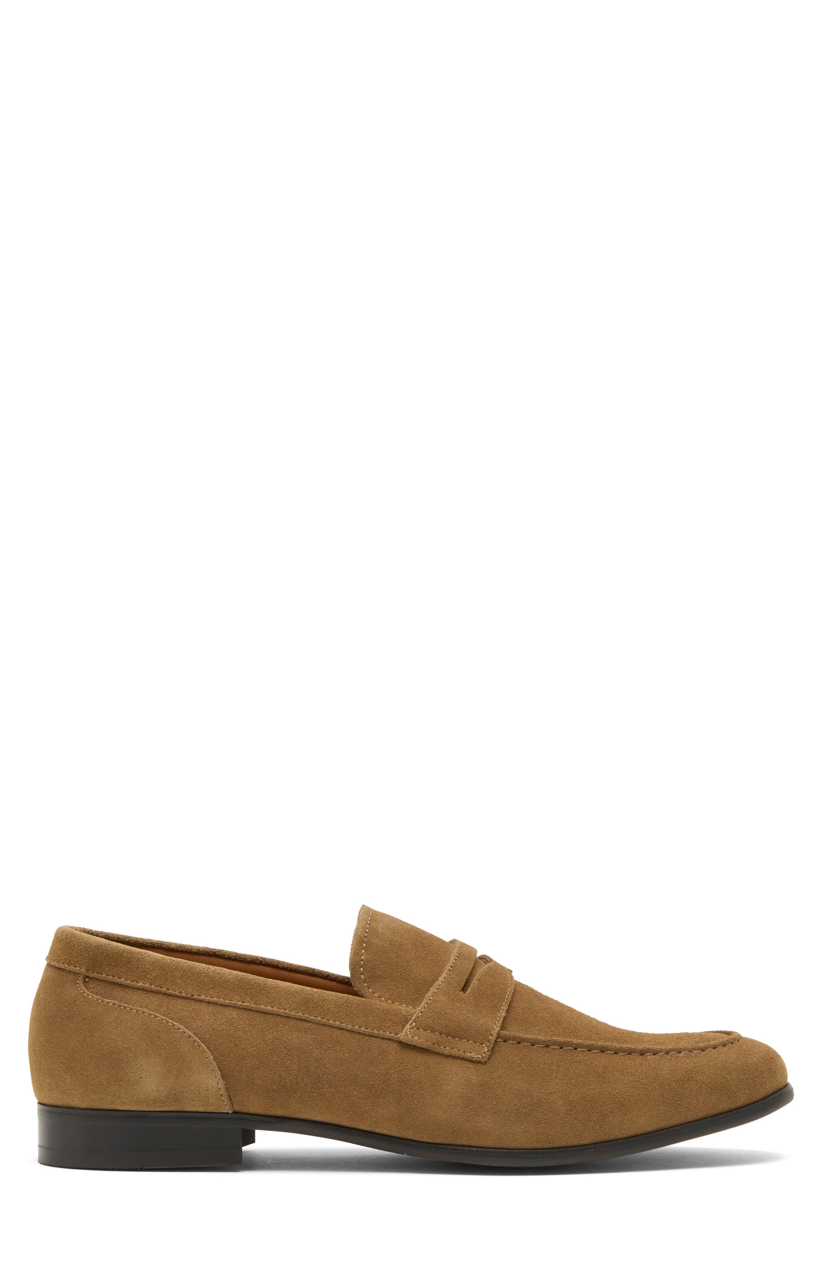 Water Resistant Suede Penny Loafer, Alternate, color, DARK TAN SUEDE