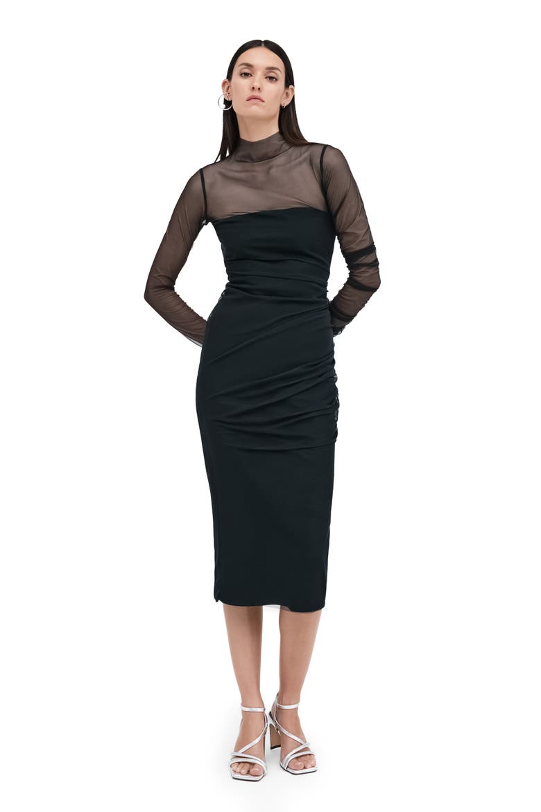 Tehya Ruched Layered Midi Dress, Alternate, color, BLACK