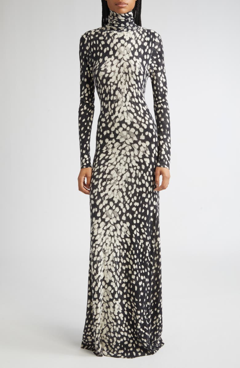 Brandon Maxwell The Camille Hand-Printed Long Sleeve Cashmere Turtleneck Sweater Dress, Main, color, Snow Leopard