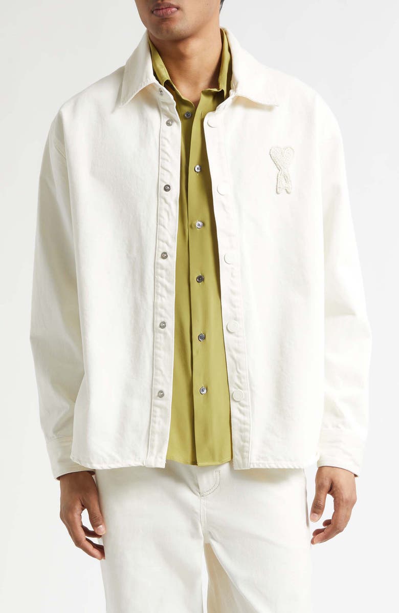 AMI PARIS Ami de Coeur Knit Appliqué Overshirt, Main, color, Blanc Creme