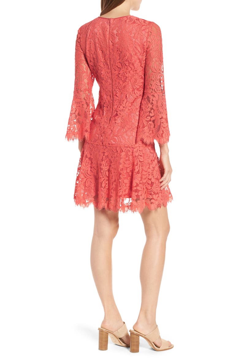 Lace Bell Sleeve Dress, Alternate, color, CORAL