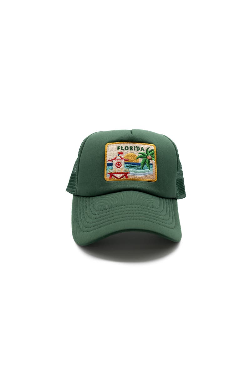 Rey To Z Florida Postcard Trucker Hat, Main, color, Dark Green