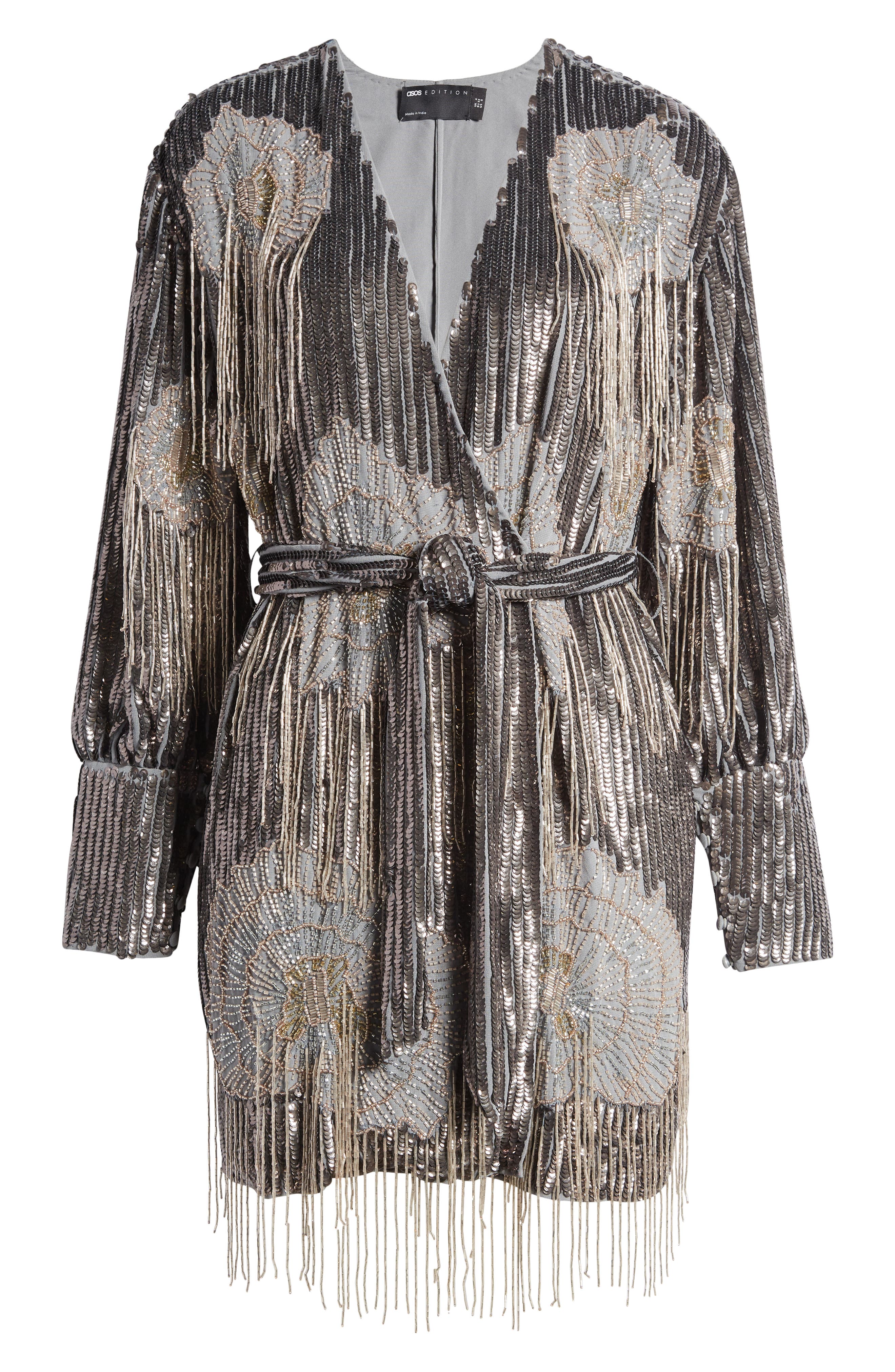 ASOS DESIGN EDITION Beaded Fringe Long Sleeve Faux Wrap Cocktail Dress ...