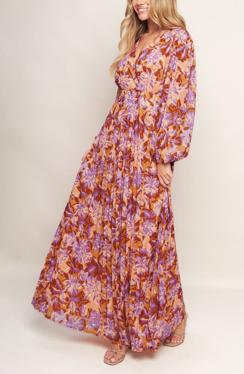 FLYING TOMATO Print Long Sleeve Maxi Dress, Alternate, color, Taupe Lavender