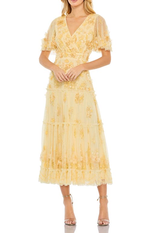 Mac Duggal Floral Beaded Embellished Flutter Sleeve Tiered Dress In Butter