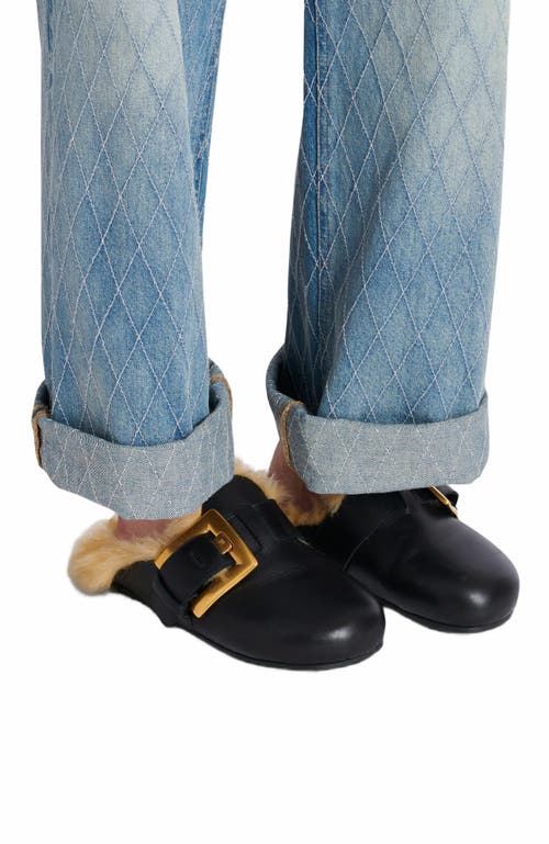 Balmain Flat Leather And Faux Fur Mules In Black