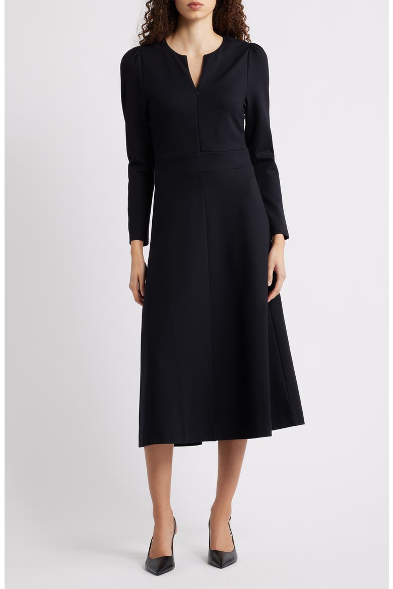 Half-Zip Long Sleeve Ponte Midi Dress, Main, color, BLACK