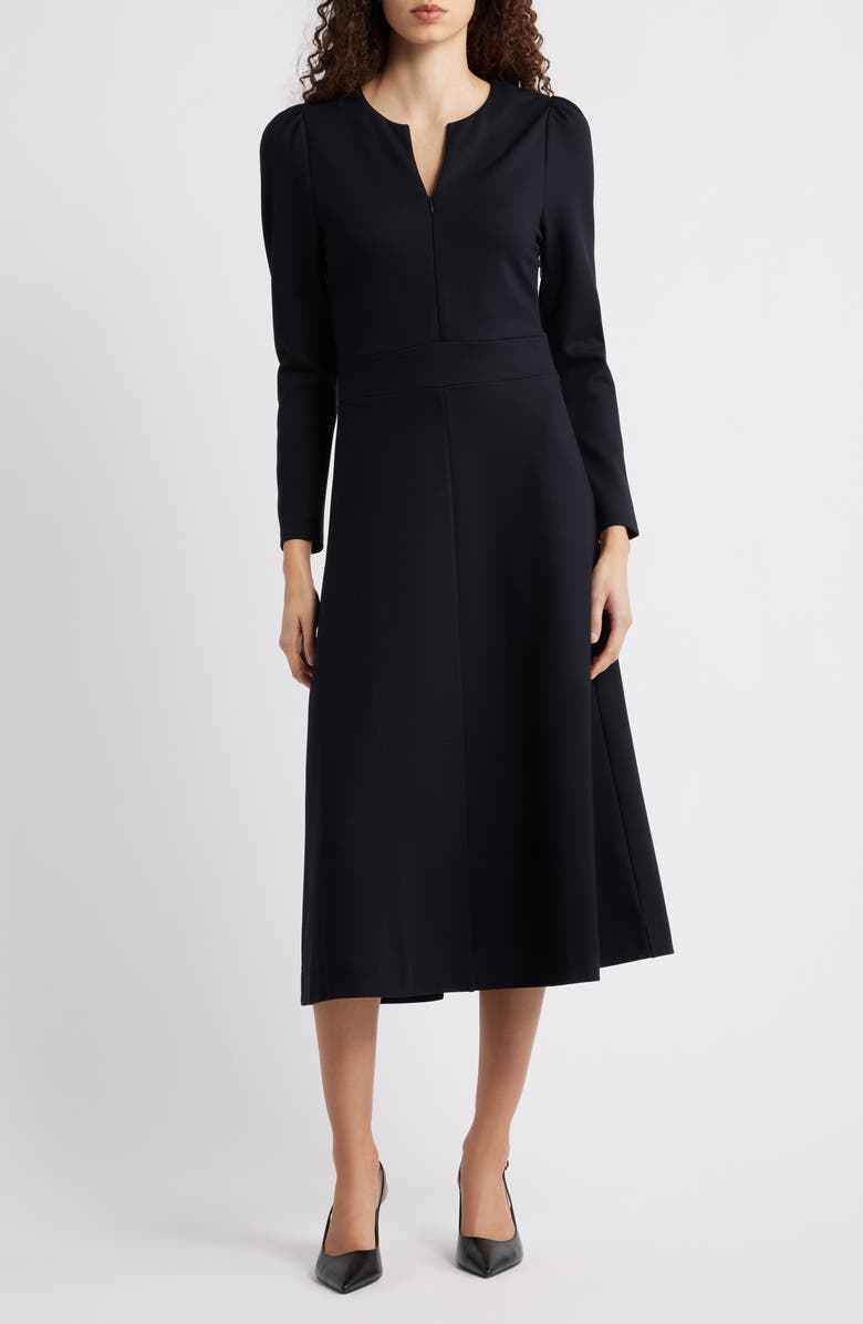 Caslon<sup>®</sup> Half-Zip Long Sleeve Ponte Midi Dress, Main, color, Black